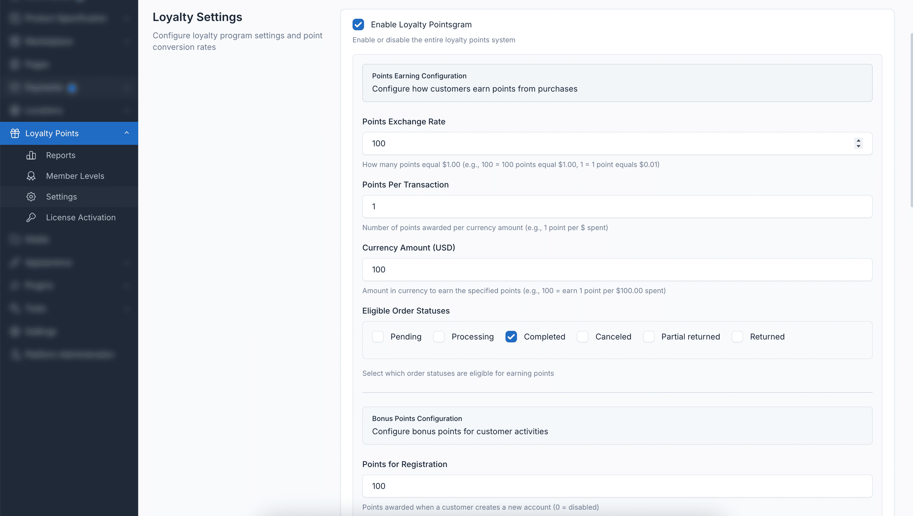 Loyalty Points Settings